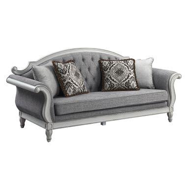 ACME Florian Sofa w/4 Pillows, Gray Fabric & Antique White Finish