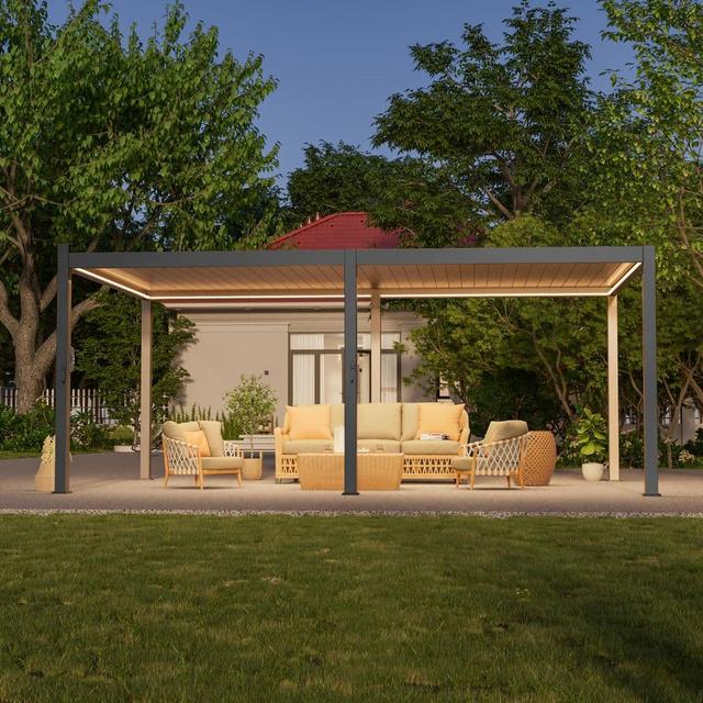 12 ft. x 20 ft. LED Modern Steel Louvered Pergola Outdoor Pergola with Adjustable Roof for Backyard, Brown