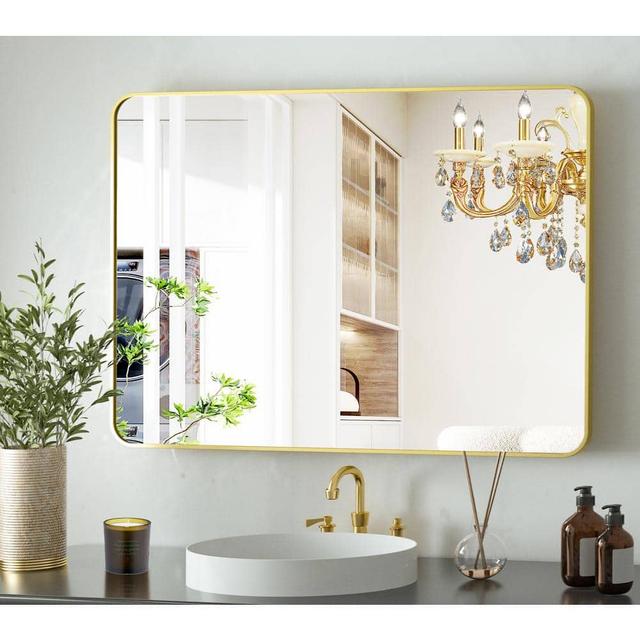 24 in. W x 35 in. H Rectangular Aluminum Alloy Framed Rounded Modern Gold Wall Mirror