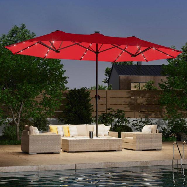 13 ft. x 7.2 ft. Steel Solar-Powered Double-Sided Market Patio Umbrella with Crank, Solar Panel in Chili Red