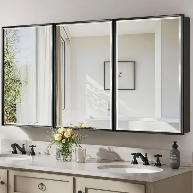 Musey 60 in W x 30 in H Black Rectangular Aluminum Medicine Cabinet with Beveled Mirror and Shelves, Recessed or Surface