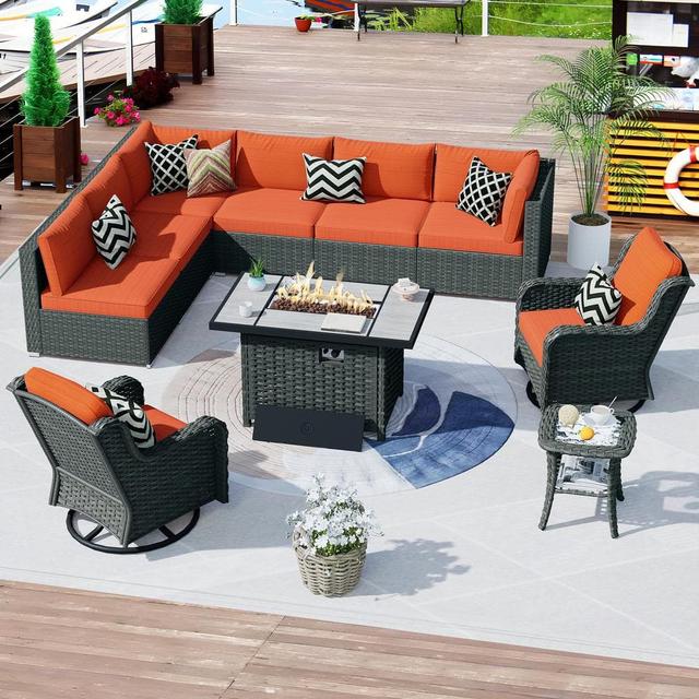HOPPISH Gray 9-Piece Wicker Patio Rectangle Fire Pit Conversation Set with Orange Red Cushions and Swivel Chairs
