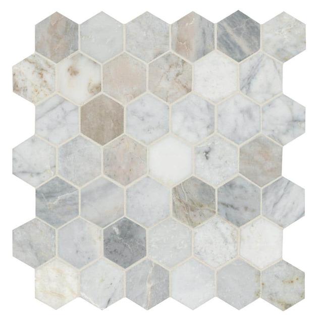 Capri Blue 2 in. Hexagon 12 in. x 12 in. x 0.38 in. Honed Marble Mesh Mounted Mosaic Tile 9.8 sq. ft. /Case