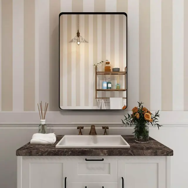 30 in. W x 22 in. H Small Rectangular Framed Wall Mounted Bathroom Vanity Mirror in Black