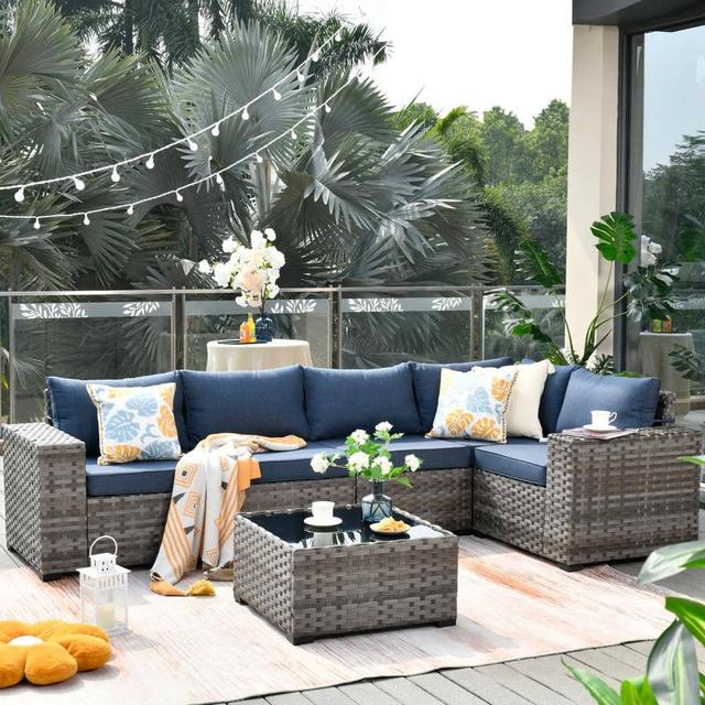 Marvel Gray 6-Piece Wicker Wide Arm Patio Conversation Set with Denim Blue Cushions