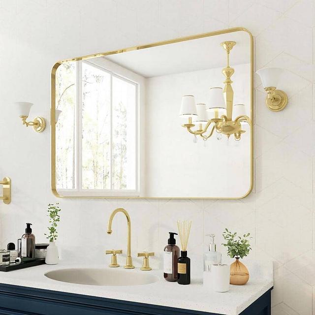 48 in. W x 32 in. H Rectangular Aluminum Framed Wall Bathroom Vanity Mirror in Gold