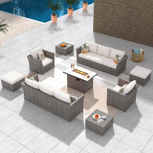 Bexley Gray 13-Piece Wicker Rectangle Fire Pit Patio Conversation Seating Set with Fine-Stripe Beige Cushions