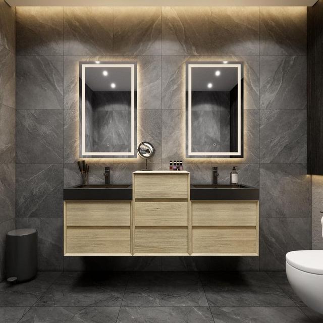 MIA 67 in. W x 20 in. D x 30 in. H Double Sink Middle Cabinet Bath Vanity in Teak Oak with Black Stainless Steel Top