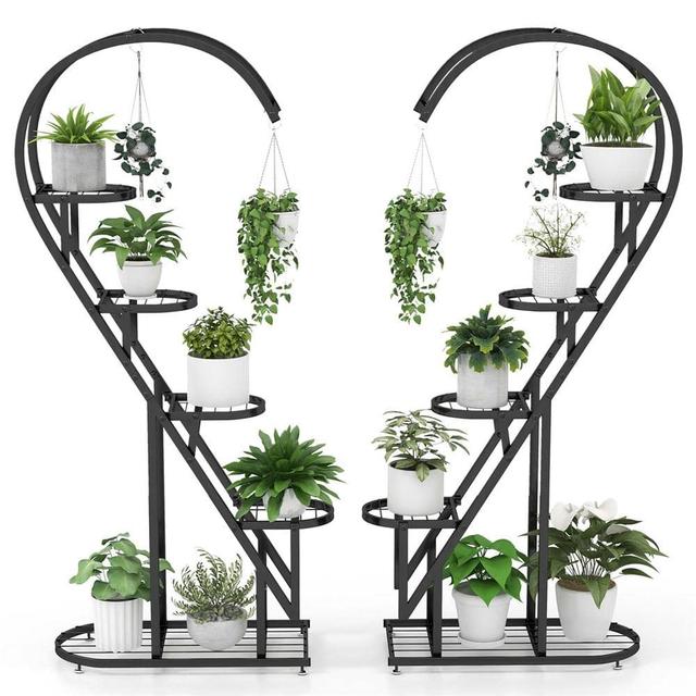 58 in. H x 27 in. W x 12 in.D Indoor/Outdoor Black Metal Plant Stand with Hanging Hook 5-Tier