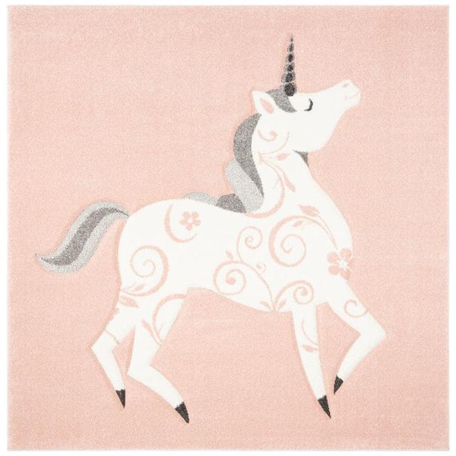 Carousel Kids Pink/Ivory 7 ft. x 7 ft. Animal Print Solid Color Square Area Rug