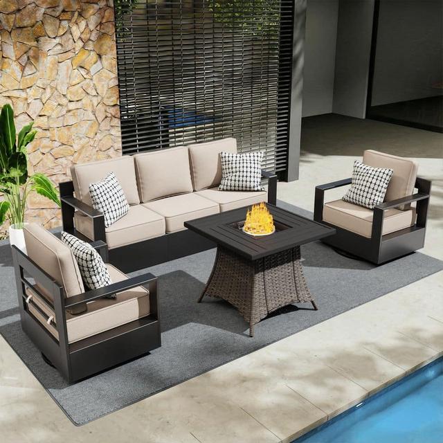 4-Piece Fire Pit Patio Set Aluminum Outdoor Patio Conversation Set with Swivel Rocking Chairs and Thick Beige Cushions