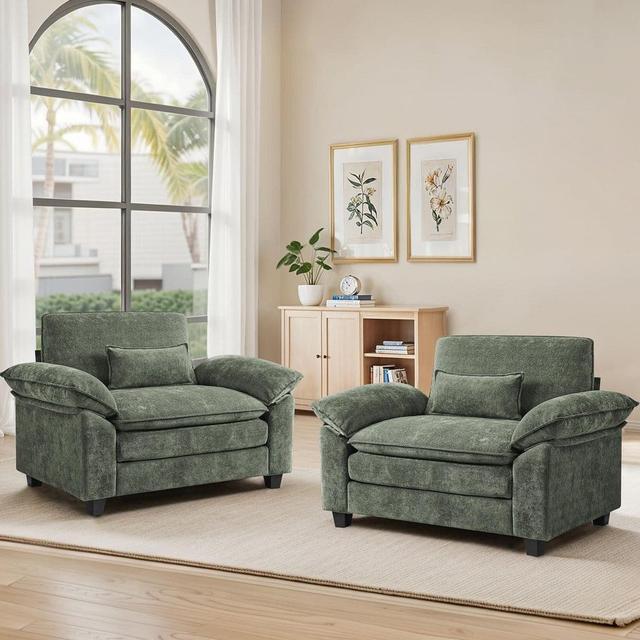 Yumi Gray Green Chenille Fabric Accent Chair Set of 2 Armchair with 3-Layer Seat Cushion Tall Backrest
