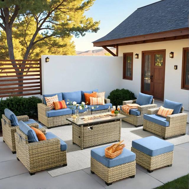 Kelleys 10-Piece Wicker Modern Outdoor Patio Furniture Conversation Sofa Set with a Fire Pit and Sky Blue Cushions