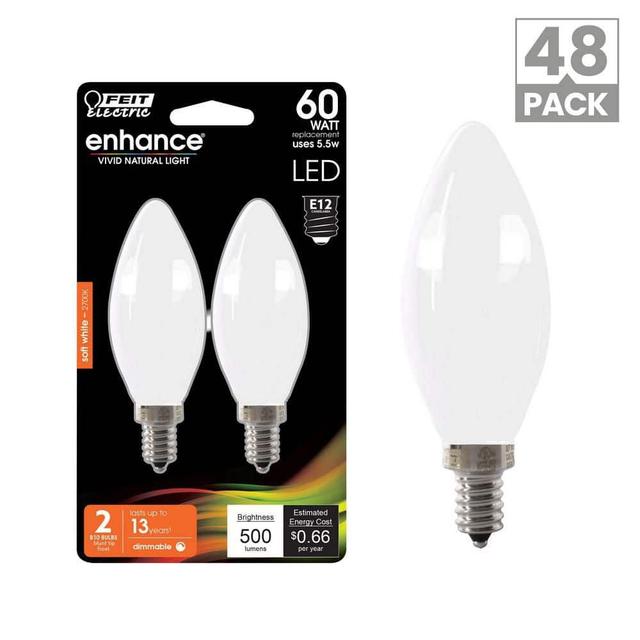 60-Watt Equivalent B10 E12 Candelabra Dimmable Filament CEC Frosted Glass Chandelier LED Light Bulb Soft White (48-Pack)