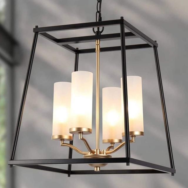 Industrial 4-Light Black Rectangle Chandelier with Frosted Glass Shades, Transitional Gold Pendant Light for Dining Room