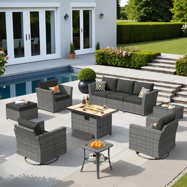 Bexley Gray 10-Piece Wicker Rectangle Fire Pit Patio Conversation Set with Black Cushions and Swivel Chairs