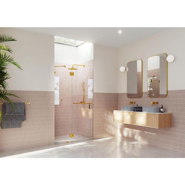 Mimas 52 in. W x 78 in. H Glass Hinged Frameless Towel Bar Shower Door in Polished Brass Finish with Clear Glass