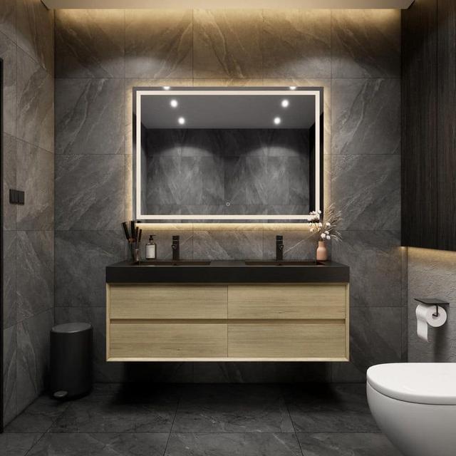 MIA 59 in. W. x 20 in. D x 24 in. H Double Sink Floating Bath Vanity in Teak Oak with Black Stainless-Steel Top