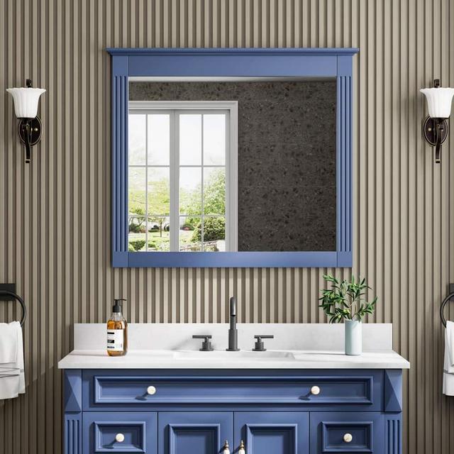 38 in. W x 33 in. H Rectangular Framed Wall Mounted Waterproof Solid Wood Bathroom Vanity Mirror in Navy Blue,Easy Hang