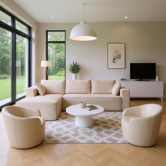 SSOSJ 110 in. Straight Arm Corduroy Modular Sectional Sofa with Comfortable Pillows and Convertible in Soft Beige