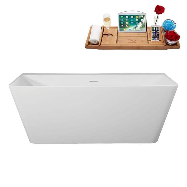 59 in. x 30 in. Acrylic Freestanding Soaking Bathtub in Glossy White With Polished Brass Drain, Bamboo Tray
