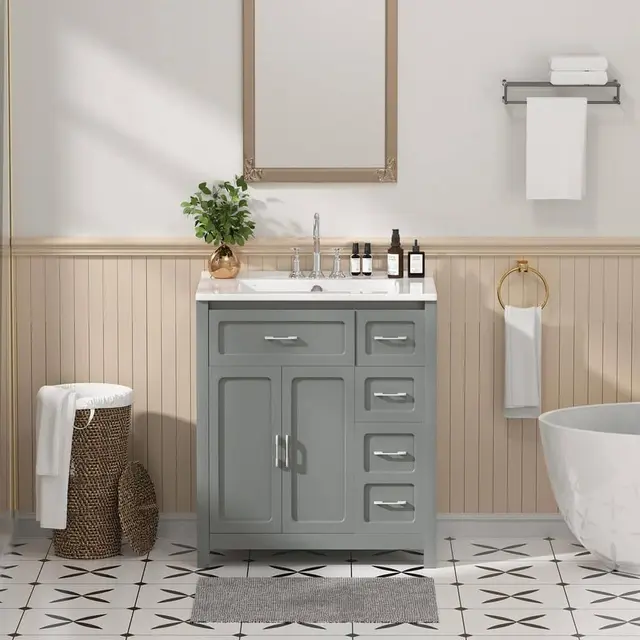 30 in. Single Sink Freestanding Grey Bath Vanity with White Ceramic Top Unassembled