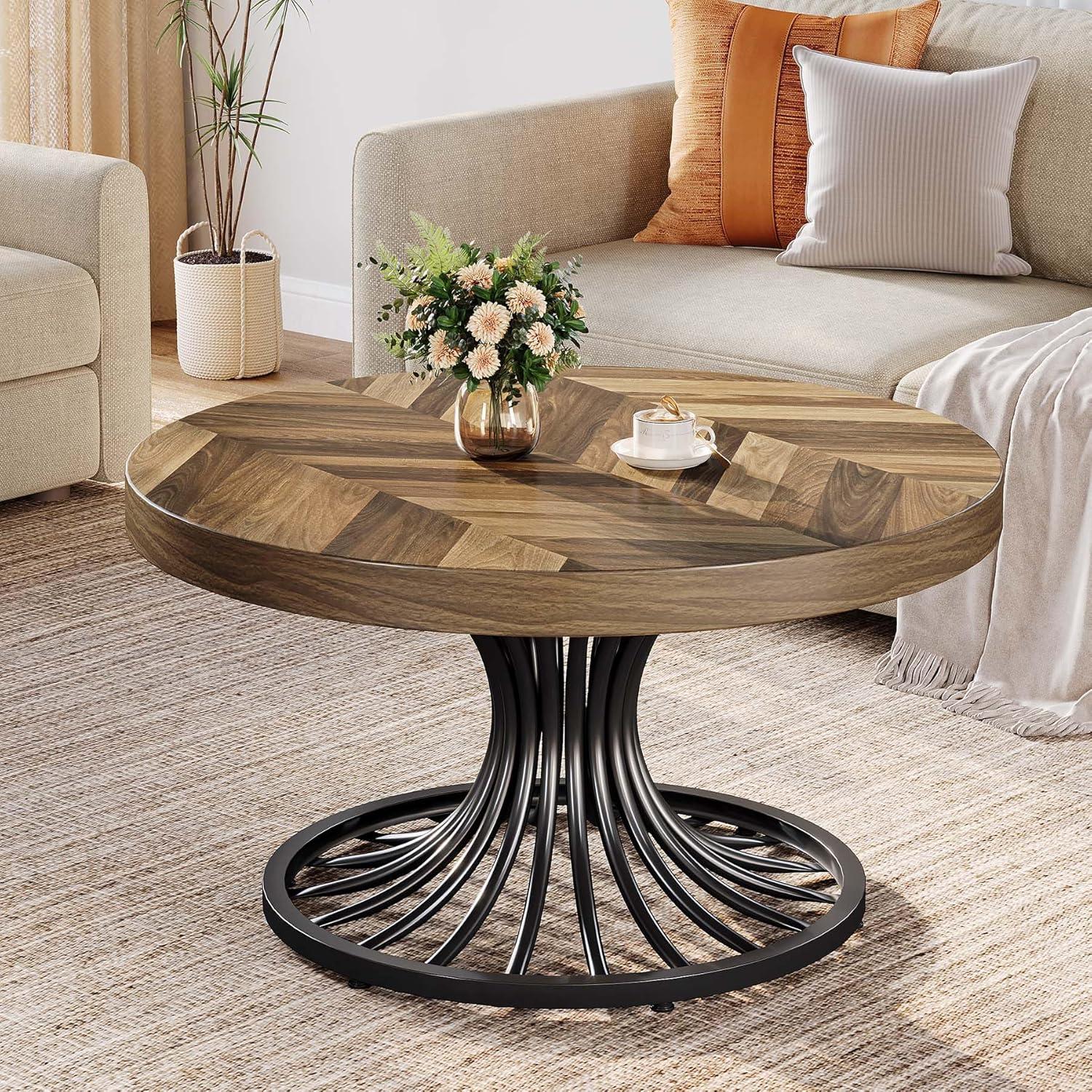 TEMU Vintage Ronde Houten Salontafel, 31,5 Inch Boerderij Ronde Salontafel met Stijlvolle Metalen Voet, Industrieel Unieke Salontafel, Kleine Centrumtafel voor Woonkamer, Rustiek en Zwart