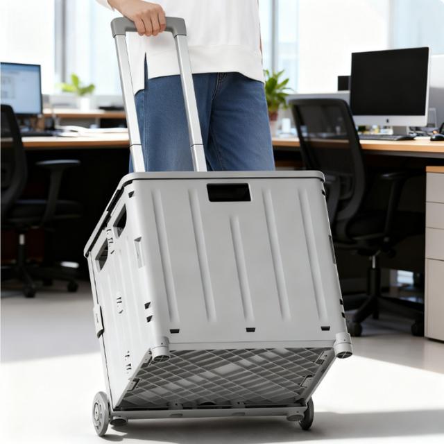 TEMU 45l Grey Office Hand Cart, Foldable 2-wheel Utility Cart With Adjustable Aluminum Handle For Office Supplies, Space Saving, Large Capacity Office Storage Box