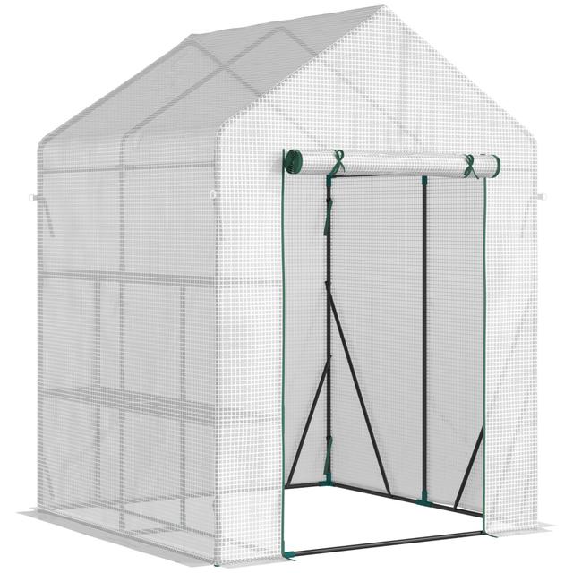 TEMU Outsunny Garden Greenhouse With 2-tier Shelf Dim. 1, 43l X 1, 43l X 1, 95h M Sliding Door Pe Steel High Density 140 G/m² Transparent White