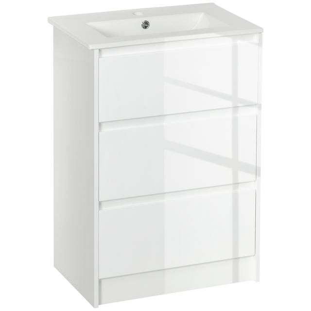 TEMU Kleankin Under-sink Cabinet With Ceramic Sink Bathroom Storage Cabinet With 2 Drawers 61 X 37 X 88 Cm, High-gloss White Lacquer