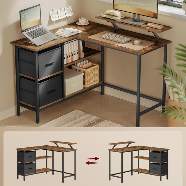 TEMU Bureau en de L avec 2 Tiroirs Spacieux, Bureau Gaming avec Support pour Écran, Bureau d’Angle, Bureau d’Ordinateur avec Étagère Réglable, pour Bureau