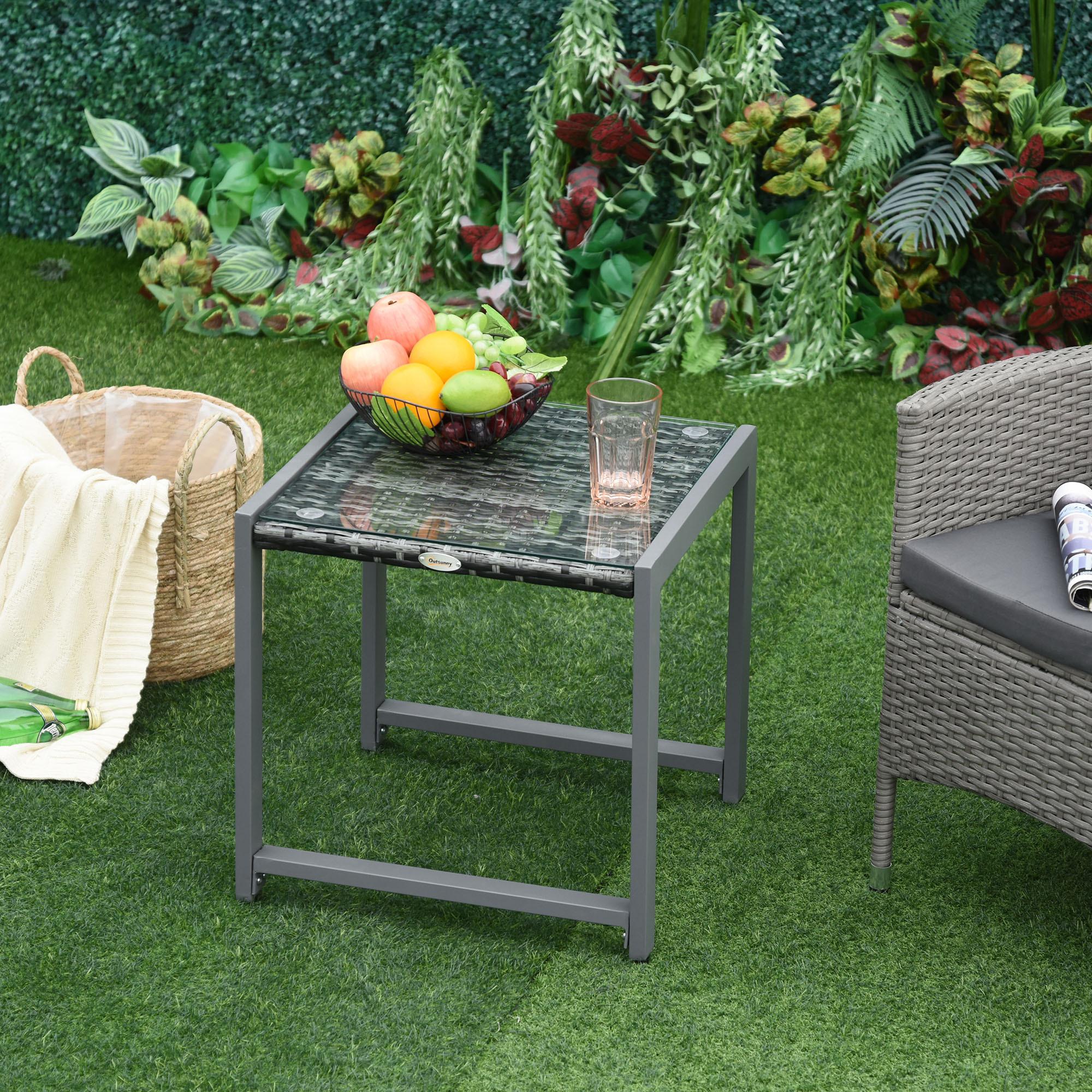 TEMU Garden Table Garden Side Table Table Garden Furniture With Tempered Glass Poly Rattan + Aluminium Grey 50 X 49.5 X 50 Cm