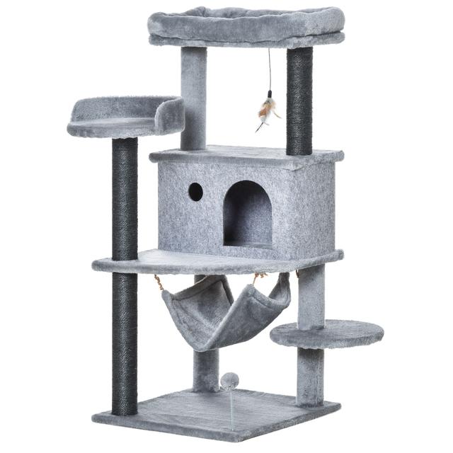 TEMU 48x48x107 Cm Pawhut Cat Tree With Detachable Felt Cave, Hammock, Plush Beds, Multiple Platforms, Sisal Posts, And Gray Toys