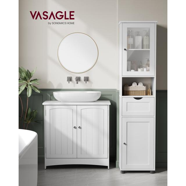 TEMU Vasagle Bathroom Cabinet, Bathroom Cabinet, Tall Cabinet, Open Compartment, Glass Door, Narrow, Bathroom Furniture, Bathroom Furniture With Legs, Height Adjustable Shelves, Space Saving, White