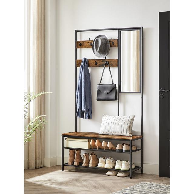 TEMU Vasagle Coat Hanger With Shoe Storage, Hallway Clothes Rack With Mirror, Hooks, Sofa And Shoe Racks, 35 X 98 X 180 Cm, Bedroom, Industrial Style, Rustic