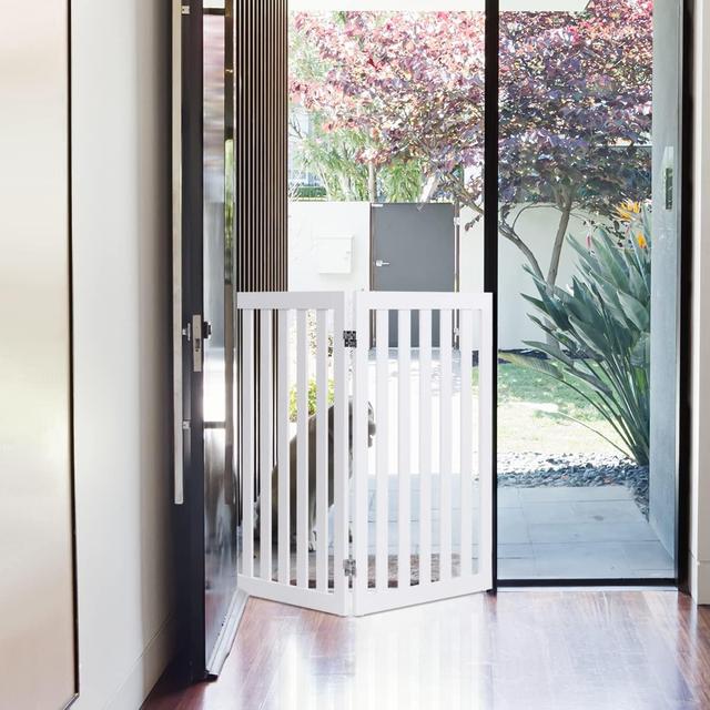 TEMU Barrière Autoportante pour Chien 2/3/4 Panneaux en Bois 60/89 cm Charnières Métalliques Pivotant à 360° Patins Antidérapants pour Maison Escaliers Portes 89 cm x 2 Panneaux, Blanc