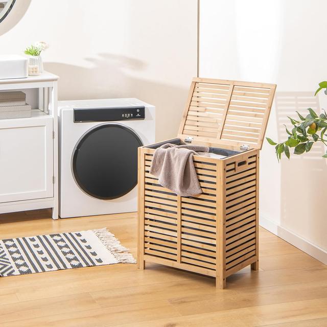 TEMU Large Laundry Basket With Lid, 80l, Bamboo, For Bedroom Or Living Room