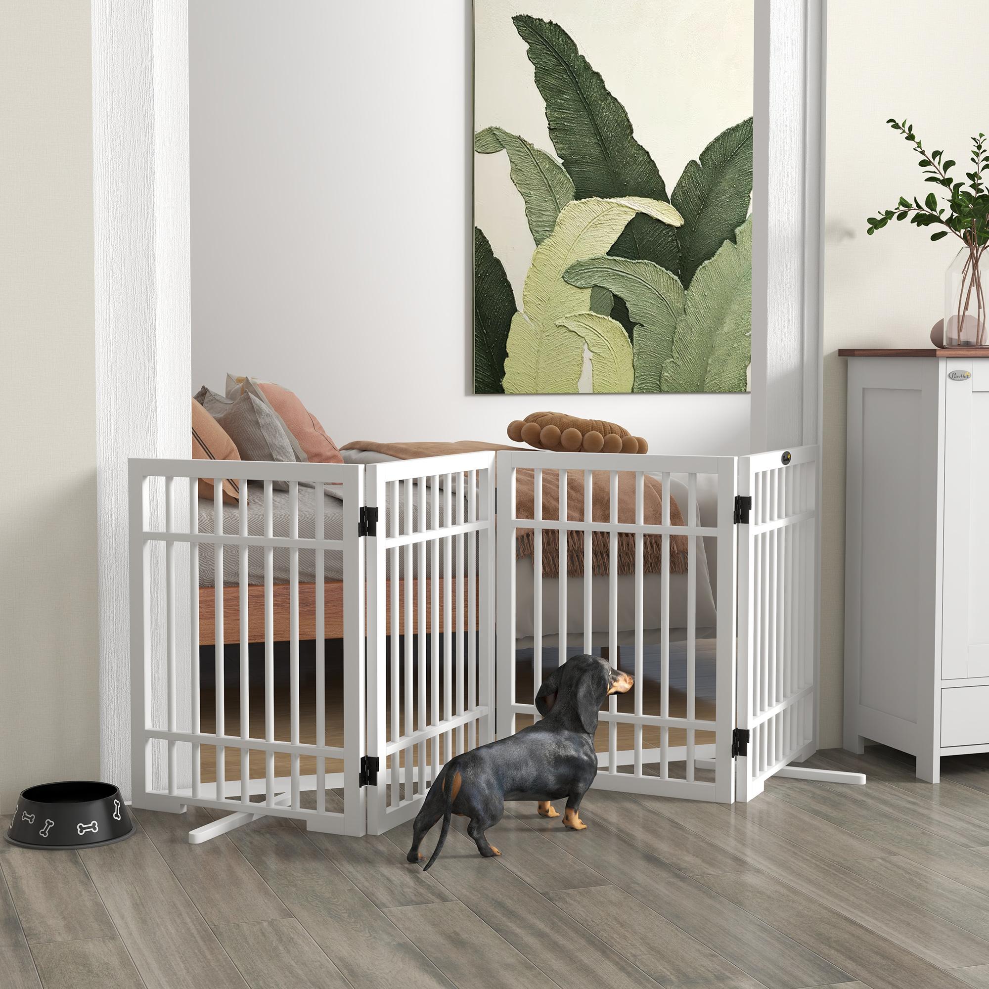 TEMU Barrier Grid Dog, Freestanding Protective Grid With 2 Support Feet, 4 Panels, 61 X 183 Cm Wooden Dog Grid Foldable For Stairs, Doors, Kitchen, Fireplace, Stair Grid For Small Dogs, White