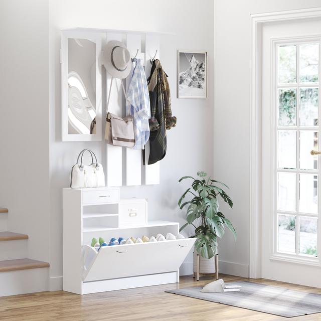 TEMU Homcom Contemporary Design Entryway Furniture Set: Shoe Cabinet, Mirror & Coat Rack Panel White Particle Board