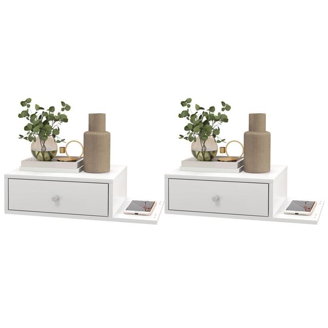 TEMU HOMCOM Lot de 2 tables de chevet murales - lot de 2 tables de nuit - étagère latérale et tiroir - 55l x 30P x 15H cm - en bois blanc