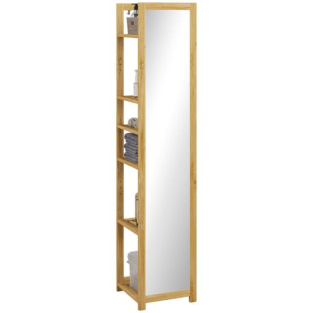TEMU Homcom Bathroom Cabinet With Mirror Shelf 6-tier Storage Bamboo Frame, 35l X 35l X 168h Cm