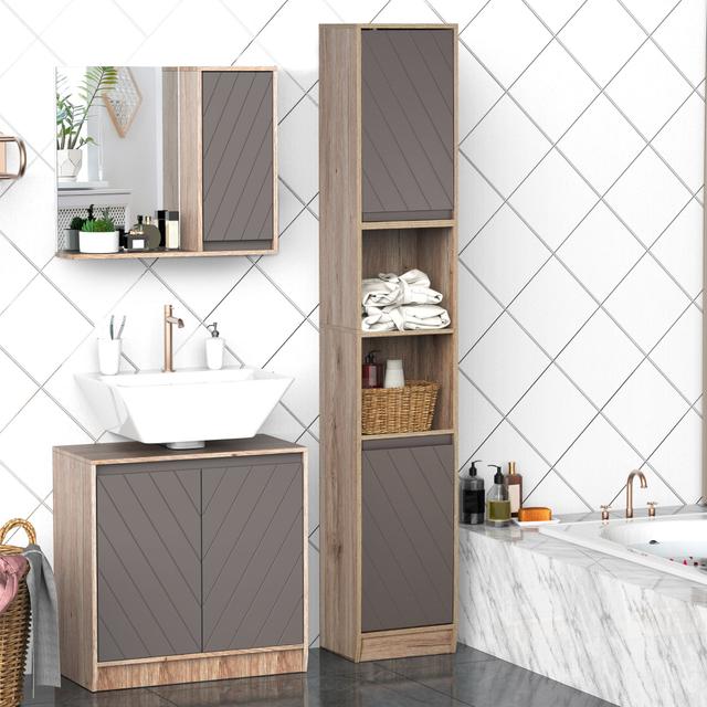 TEMU Homcom Space-saving Wooden Bathroom Cabinet, Bathroom Cabinet With 2 Cabinets And 6 Shelves, Grey And Oak, Tower X 24 X 170cm