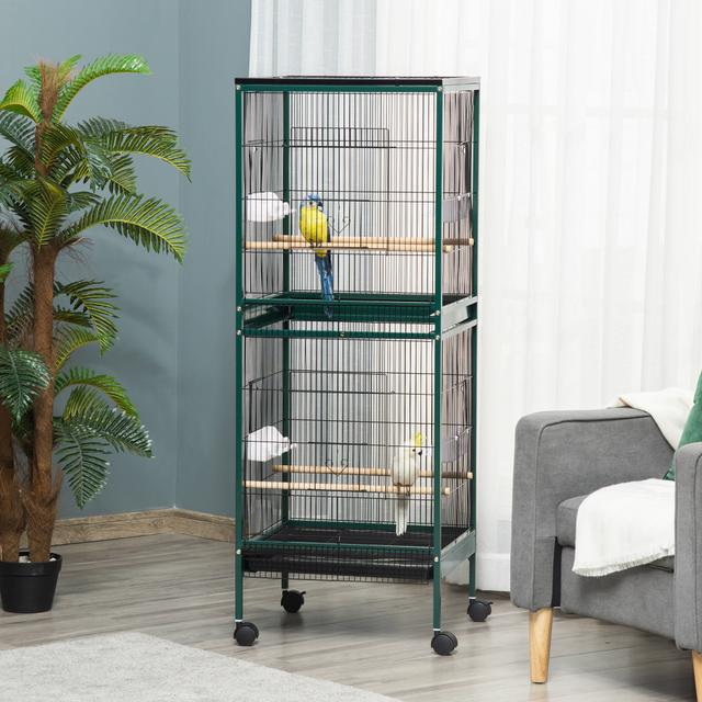 TEMU PawHut Grande cage à oiseaux sur pied - volière double avec mangeoires perchoirs plateau amovible - roulettes - 51.5 x 50 x 140 cm vert noir