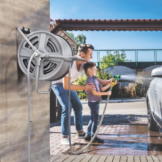 TEMU Outsunny Wall-mounted And Freestanding Garden Hose Reel For 40m Hose, Garden Hose Holder With , Grey