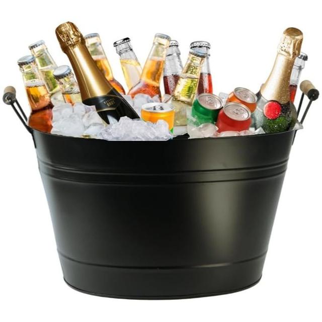 TEMU 24l Cold Drinks Galvanised Steel Oval Tub Outdoor Ice Bucket Cooler | Beverage Beer Lager Drink Pail Parties, Drinks Cooler, Bucket (black)