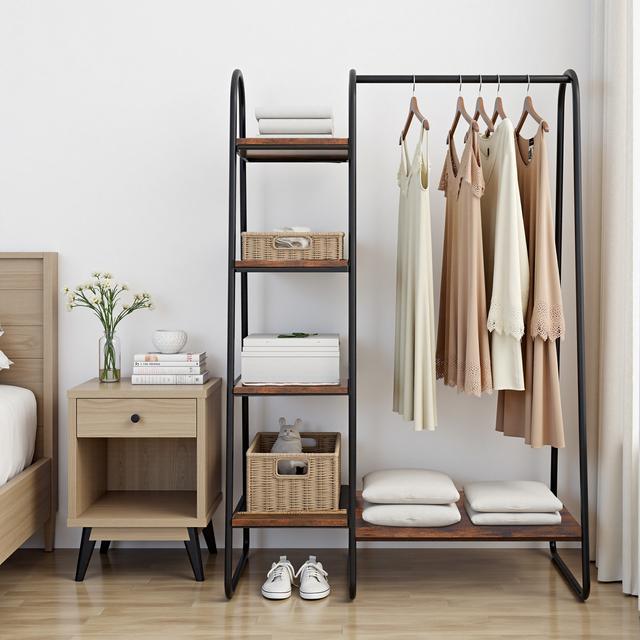 TEMU Household Floor Duty Coat Rack, Multifunctional Freestanding Hanger Shelf, Practical Simple Wardrobe Hanger With 4 Open Shelf, Suitable For Bedroom Living Room , 101*30*150cm