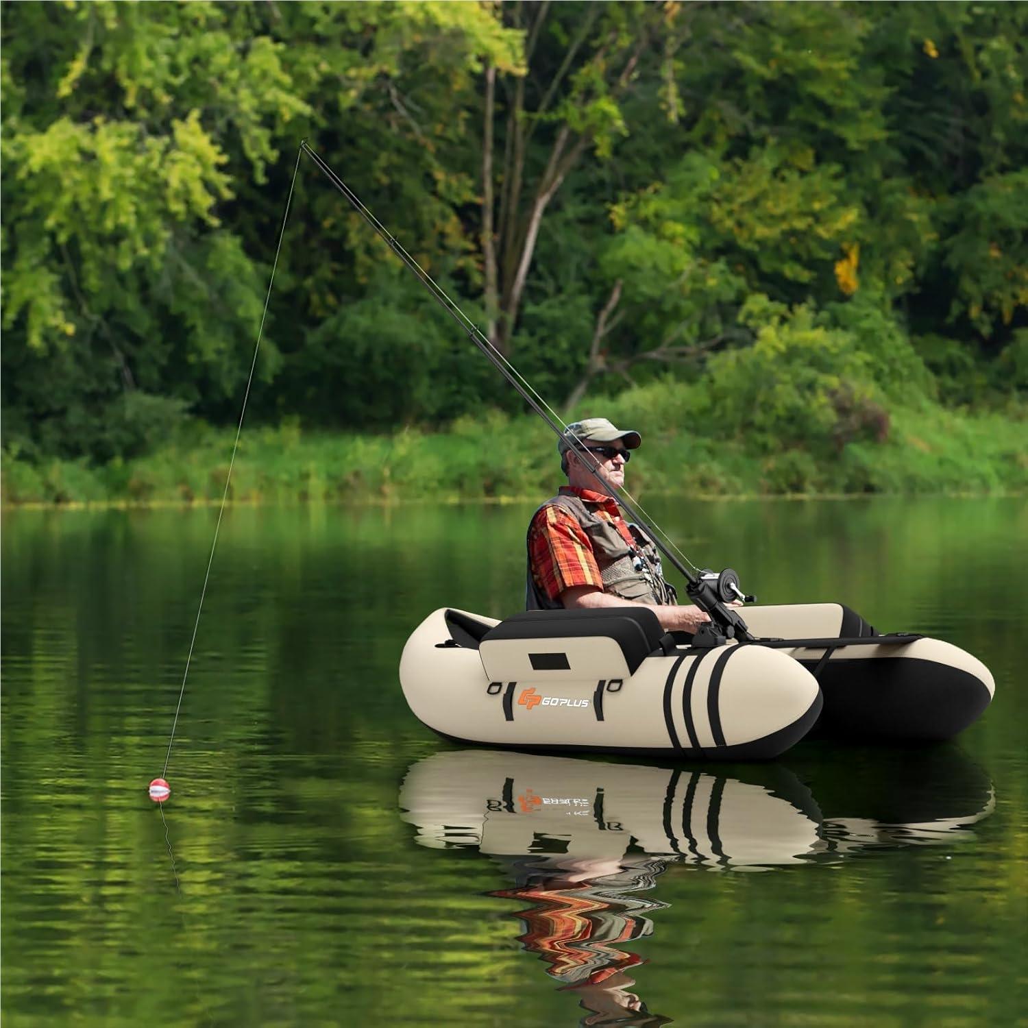 TEMU Aufbelasbares Schlauchboot, Angelboot mit Verstellbarer Rückenlehne, Fischerboot mit Pumpe, Paddel, Gurte, Bellyboat Paddelboot für Erwachsene, 150 kg Belastbar, 135 x 109 x 54 cm