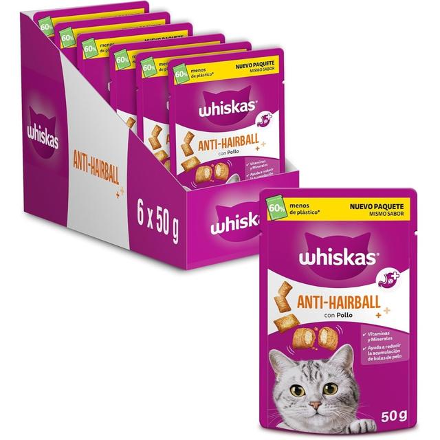 TEMU Snacks Anti-Boules de Poils Whiskas pour Chats, 50g (Lot de 6) | Prévient de Poils chez