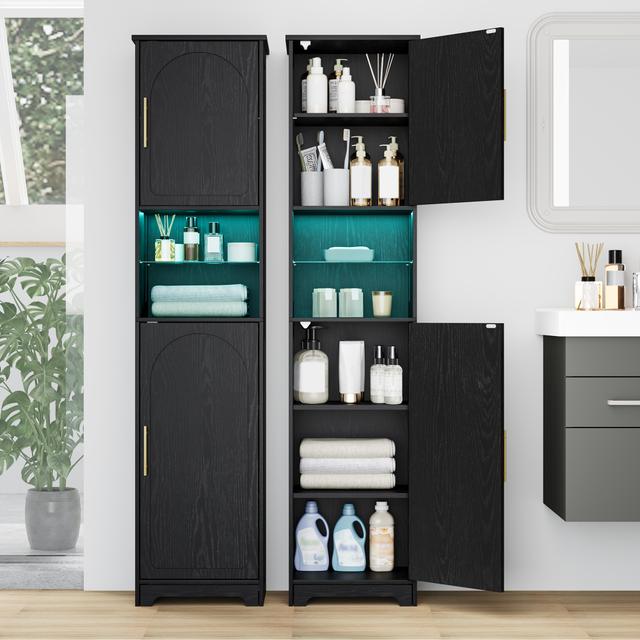 TEMU Led Bathroom Cabinet With Storage, Large Illuminated Free-standing Cabinet With 2 Doors, Adjustable Shelves, Corner Cabinet For Bathroom, Living Room, Laundry Room, Black