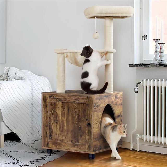 TEMU Cat Tree With Mobile Litter Box With Shelves Basket Sisal Ropes 53 Cm × 48 Cm × 125 Cm For Small Cats